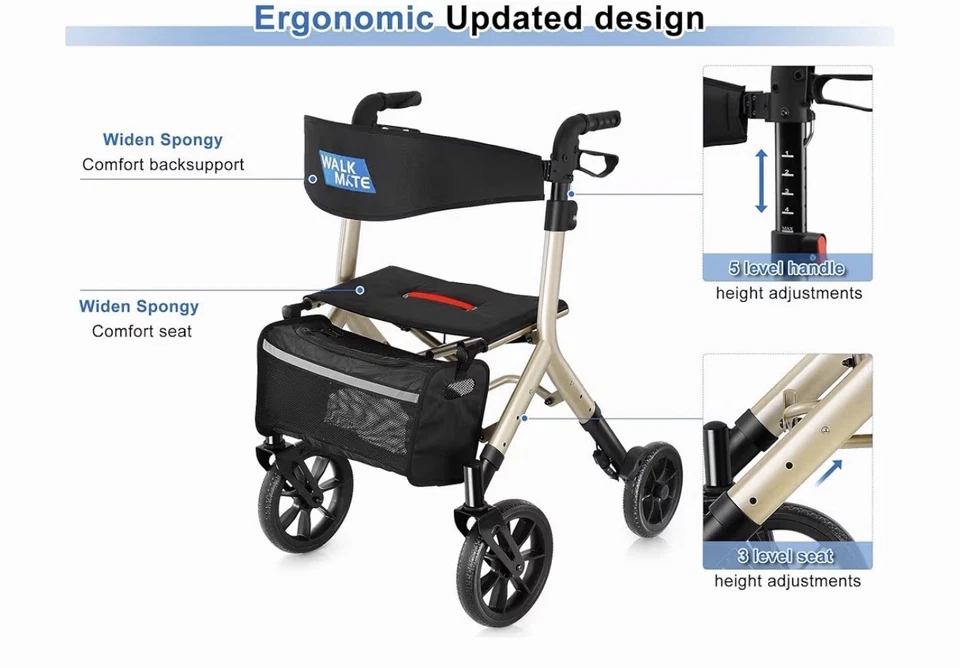 WALK MATE Rollator Walker 10”Seniors Cup Holder Height Adjust Fold Lightweight - Image 3 of 4