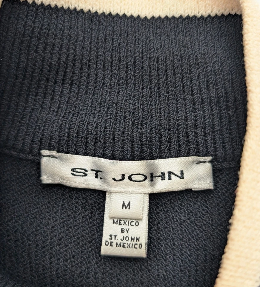 St. John Women's Blazer Jacket Size M Black Cream Ivory Trim Full Zip 3/4 Sleeve - Image 4 of 4