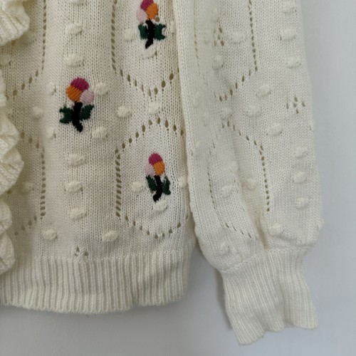 Monsoon Chunky Knit Jumper Embroidered Floral Ivory Frill Medium - Picture 2 of 6