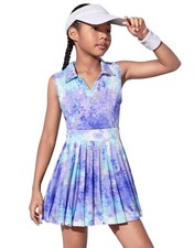 Girls Tennis Dress Sleeveless Polo V Neck Athletic Dress Cutout Back Pleated ...