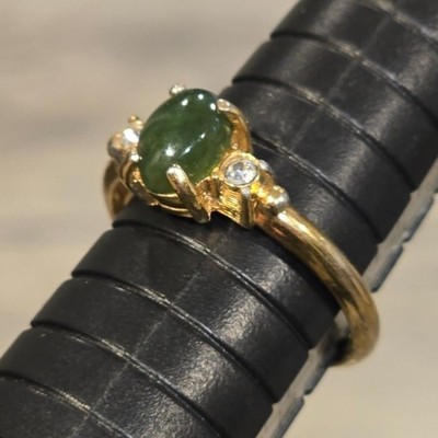 Vintage Avon Ring  Oriental Jade oval Gold Tone 1974 Rhinestone Gemstone jewelry