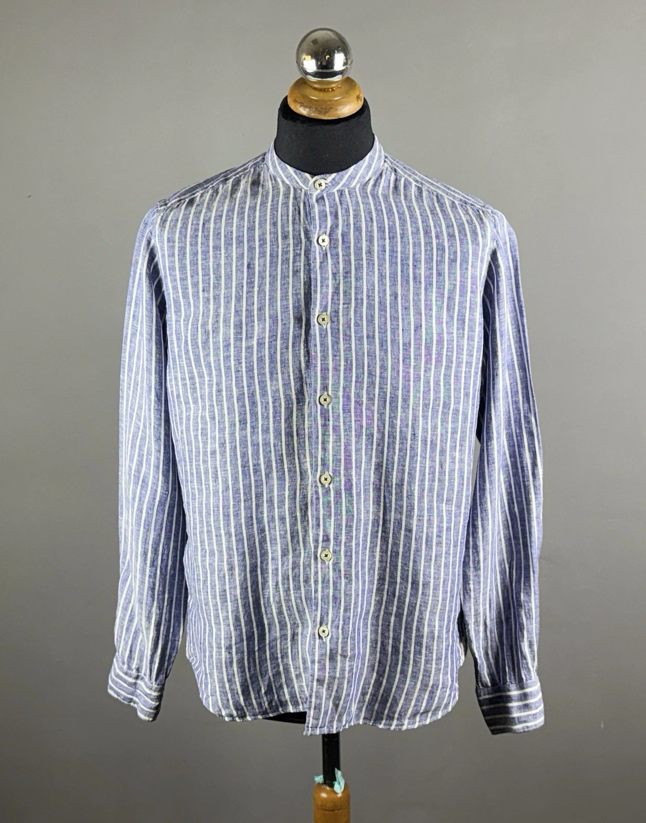 FIL NOIR Blue Striped Linen Long Sleeve Round Neck Button Down Shirt Size 39