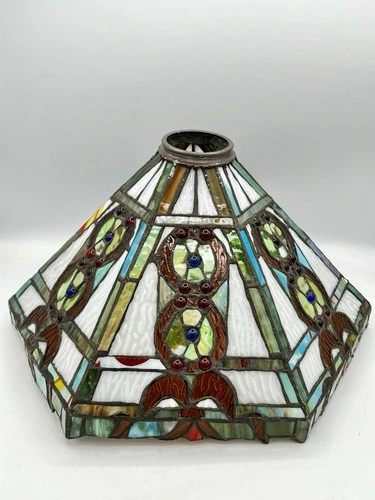 Vintage Stained Glass Lamp Shade Slag Glass Jeweled Tiffany Style 14” Wide