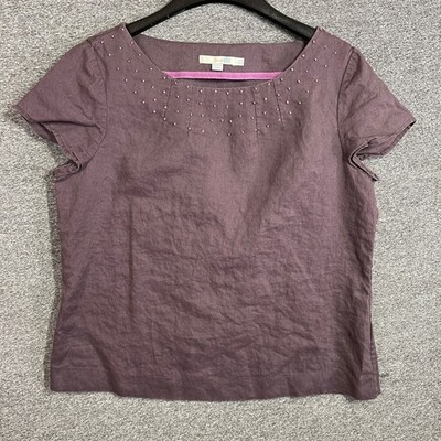 Boden Blouse Womens 10 Plum Purple 100% Linen Beaded Boat Neck Top
