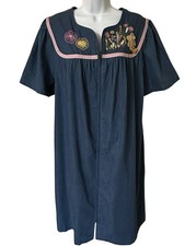 Go Softly Patio Denim Blue Cotton Embroidered Floral House Dress Midi Pocket L