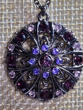 Black Cable Chain Necklace Pink-Purple Crystal Pendant Floral 16-18"