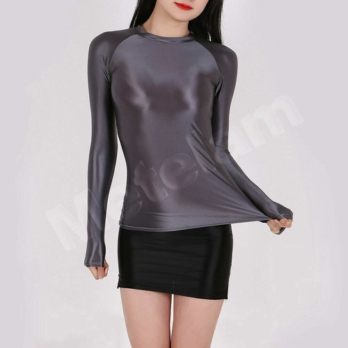 Mujeres Satén Brillante Look Húmedo Yoga Gimnasio Calce Ajustado Camiseta Prendas para el torso Blusa Elastizada Camisas - Imagen 7 de 23