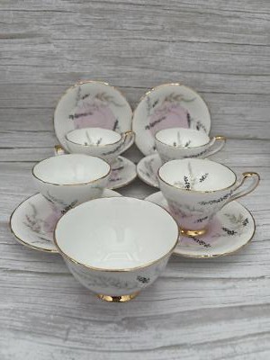 Vintage Sutherland H M Cup & Saucer Set Lovely Floral Pattern Gold Rim 11 pieces