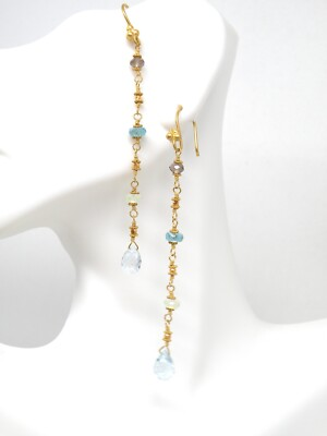 #ad Genuine 22k Gold mixed Faceted Gemstones bead long dangle earring $490.00