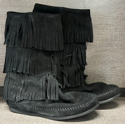 Minnetonka Layer Womens Fringe Moccasin Boots NIB (Black) Multiple  Sizes!
