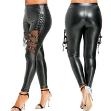 Women's Faux Leather Leggings Shiny High Waist Pants Skinny Trousers Punk Mesh