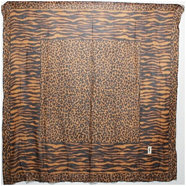 Authentic Yves Saint Laurent Silk Large Scarf Brown x Black Leopard Used AB