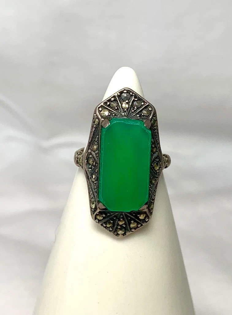 Art Deco Chrysoprase Ring Sterling Silver Marcasite Germany c1920 Retro