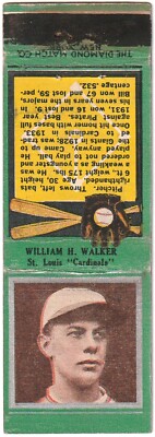 1934 Diamond Matchbooks Silver Border -- William Walker of the Cardinals