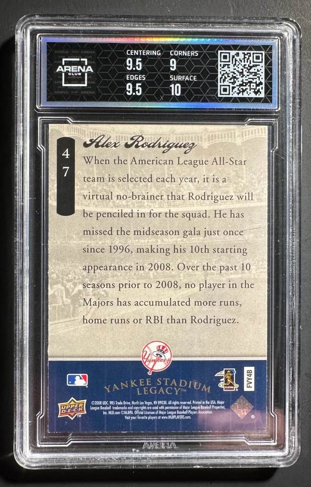 2008 Upper Deck Yankee Stadium Legacy Alex Rodriguez Arena Club 9.5 - Image 2 of 2