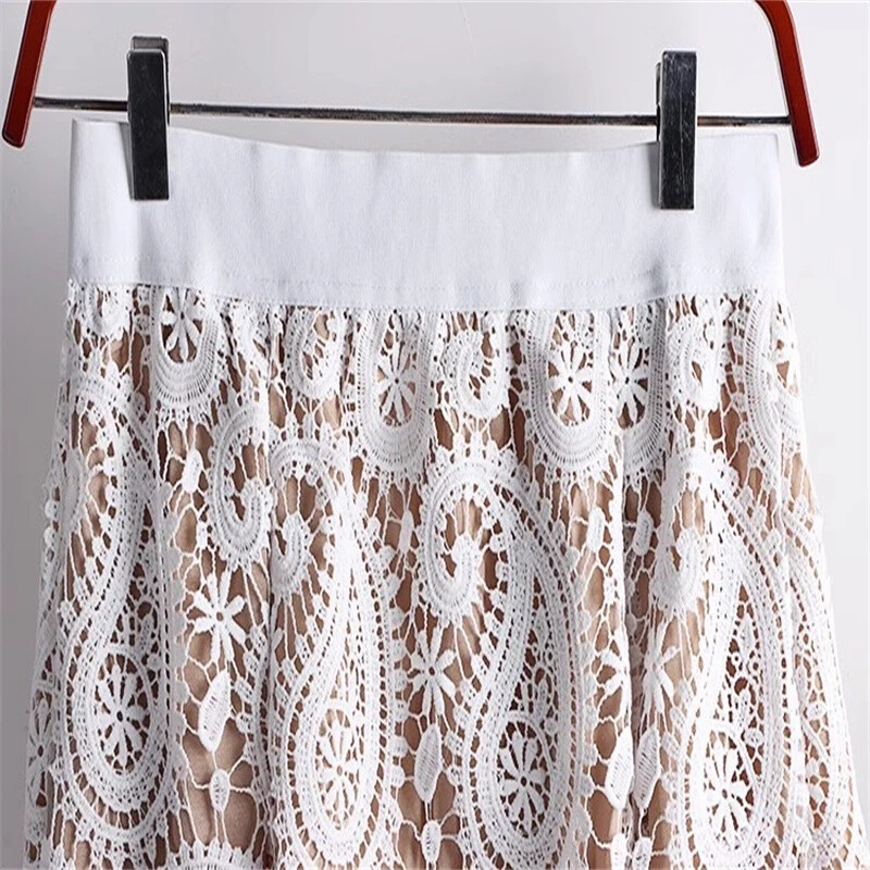 Faldas Huecas Cintura Alta Línea A Columpio Midi Vinatge Informal Mujeres Encaje Cachemira Foto 4 de 4