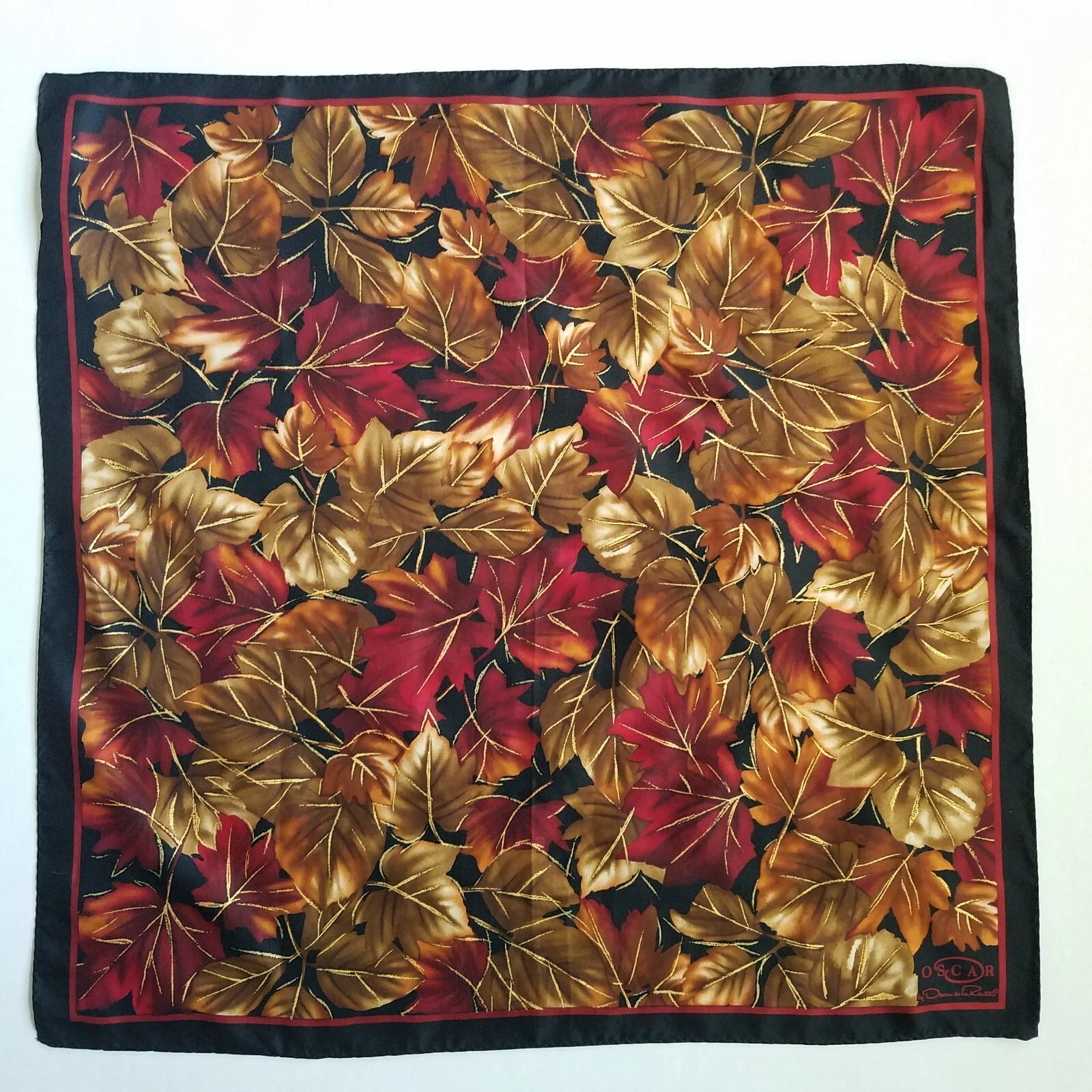 Vtg Oscar de la Renta Silk Scarf 20” Square Headwrap Fall Leaves Signed Autumn