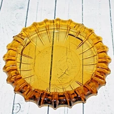 VTG Pressed Sunburst Amber Mid Century Modern Tobacciana Bar Heavy Glass Ashtray