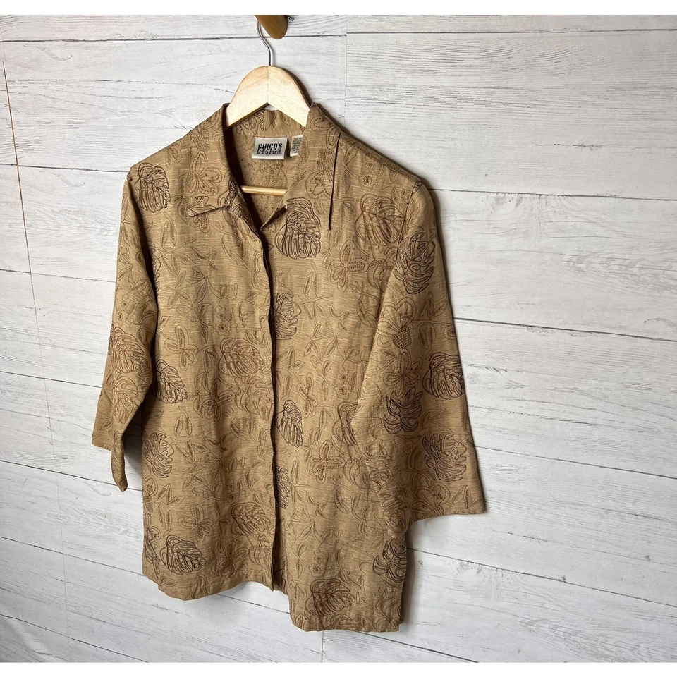 Jaqueta Chicos Vintage Feminina Tamanho 1/Média Mescla de Seda e Linho Bordada Palma - Imagem 4 de 4