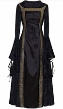 Women&rsquo;s Medieval Renaissance Black Velvet Hooded Long Dress Gold Trim Corset