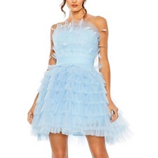 Mac Duggal NWT Blue Feathered Strapless Tulle Fit & Flare Dress Size 4 Strapless