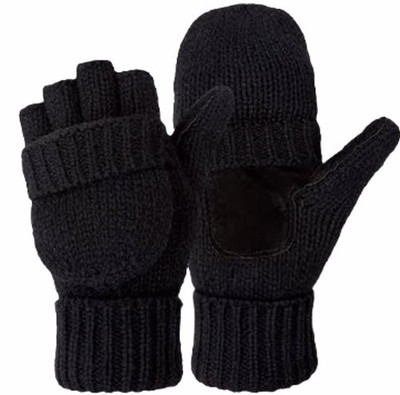 Convertible Fingerless Gloves   Flip Top   Black   Knit Leather Palm Winter Warm