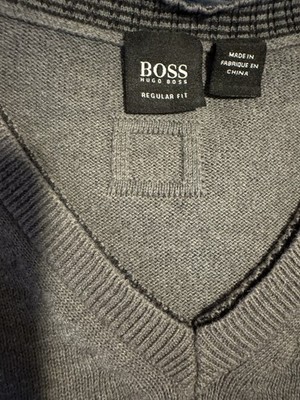 BOSS HUGO BOSS Men s M Gray Wool Knit V-Neck Pullover Sweater Logo