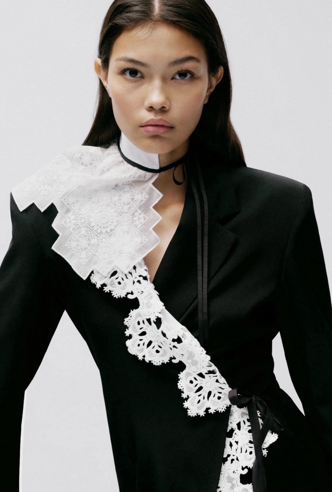 Zara Atelier Black White Women's Jacket with Lace Ruffle Bow Tie S image 2