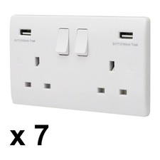 Double Wall Plug Socket 2 Gang 13A with 2 USB Charger Port Outlets White Plate 