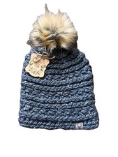 Women s Chunky Knit Winter Beanie with Pompom Ribbed Cap Gray Blue Faux Fur