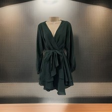 SWING Womens Green Wrap Mini Dress Long Sleeve Ruffle Belted Size S