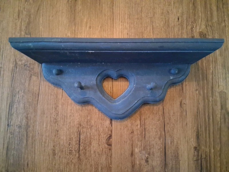 Vintage Handpainted Style Wooden Wall Shelf with Heart Cutout w/ peg hooks  