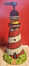 Ceramic Lighthouse Figurine – Red & White Striped Nautical Coastal Décor, 8 IN.