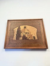 Vtg Signed Wooden Marquetry Exotic Inlay Border 6.5x8” Mosaic Framed Picture