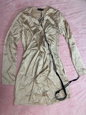 PRETTYLITTLETHING Beige Satin Wrap Dress Long Sleeve Short Tie V-Neck US 2