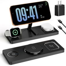 Foldable 3 in 1 Charging Station for Magsafe, Phone and Watch Charger Black