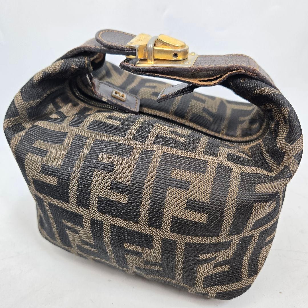 Auth FENDI Zucca Canvas Vanity Hand Bag Black Brown Gold Good