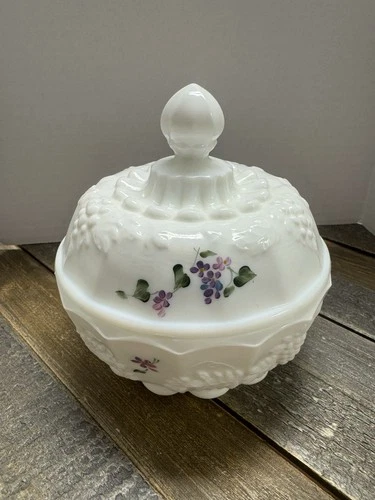 Vintage Fenton Milk Glass Covered Candy Dish Hand Painted Violets Signed
