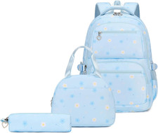 Blue 3Pcs Flower Backpack for Girls with Lunch Box Kids Bookbag for Elementary S