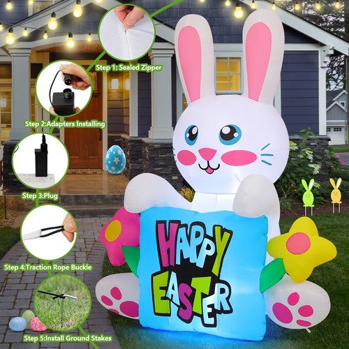 5.2 FT Easter Inflatables Bunny Holding Pillow Outdoor Decorations Blow Up Sp... - Bild 4 von 6