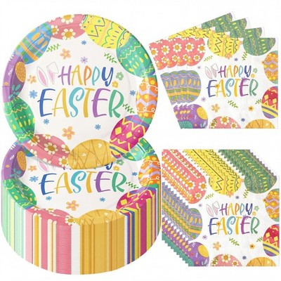 100 Pcs Easter Colorful Party Supplies Easter Egg Plates Napkins Set Tablewar...