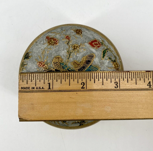 Vintage Solid Brass Trinket Jewelry Box Birds Flowers Motif Enamel Lidded Dish - Picture 12 of 12