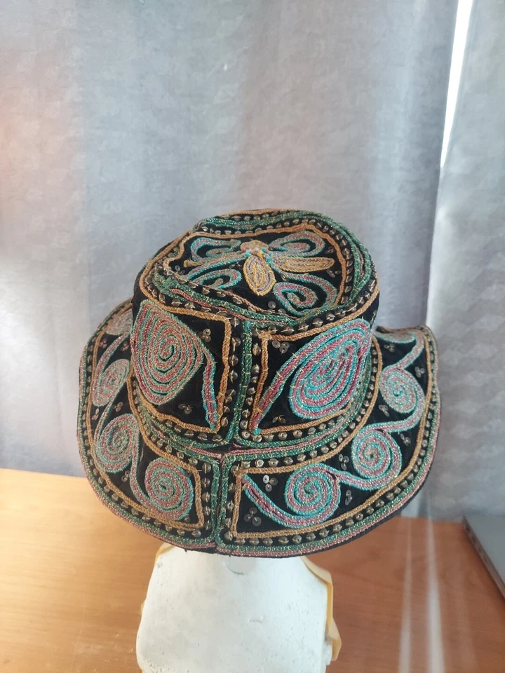 De colección Myanmar Birmana Birmania Kalaga Floppy Boho Sombrero Phoenix Lentejuelas Bordado Foto 4 de 4