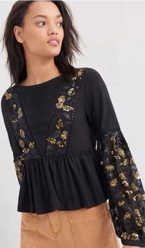 Top Anthropologie con paillettes ricamate peplo nero maniche a palloncino taglia XS