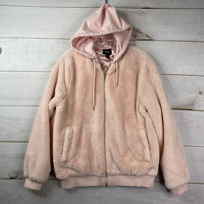 FOREVER 21 Jacket Womens L Pink Faux Fur Hooded Bomber Coat Full Zip Satin  Lined