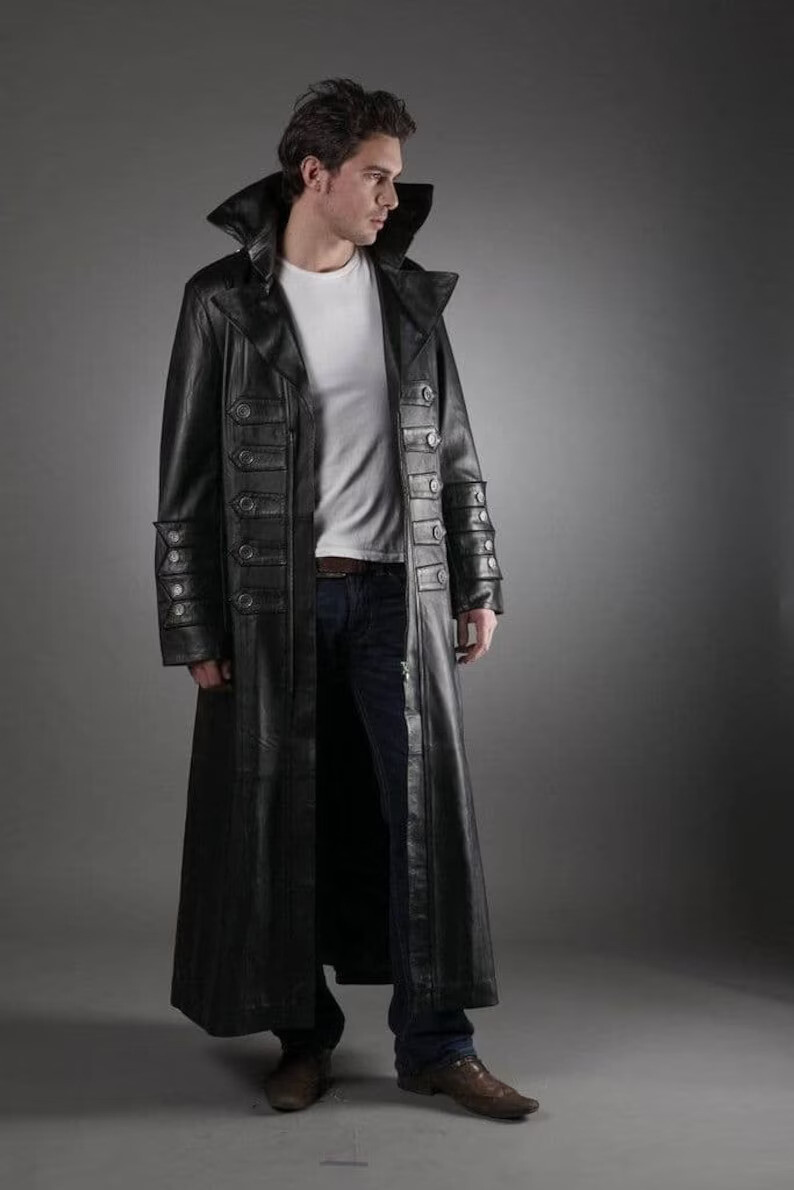 Men's Black Leather Trench Coat Pure Sheepskin Gothic Military