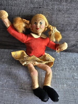 Vintage Stockinette School Girl Doll W Pigtails Handpainted 5'' #12