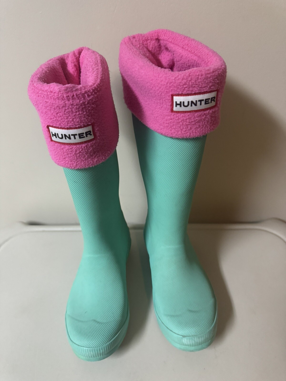 Hunter Rain Boots Children’s Size 1 US, Mint Green Pink Socks-image