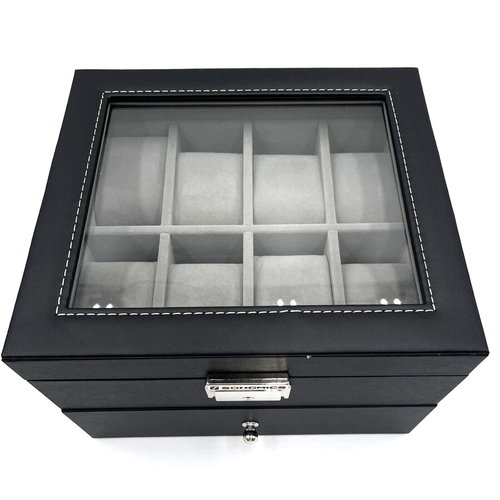 Uhrenvitrine mit Glasdeckel - 16 Fächer - 2 Schichten - abschließbar - schwarz/grau
