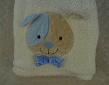 S.L. Home Fashions Puppy Dog Face Baby Blanket Cream Off White Blue Tan Sherpa